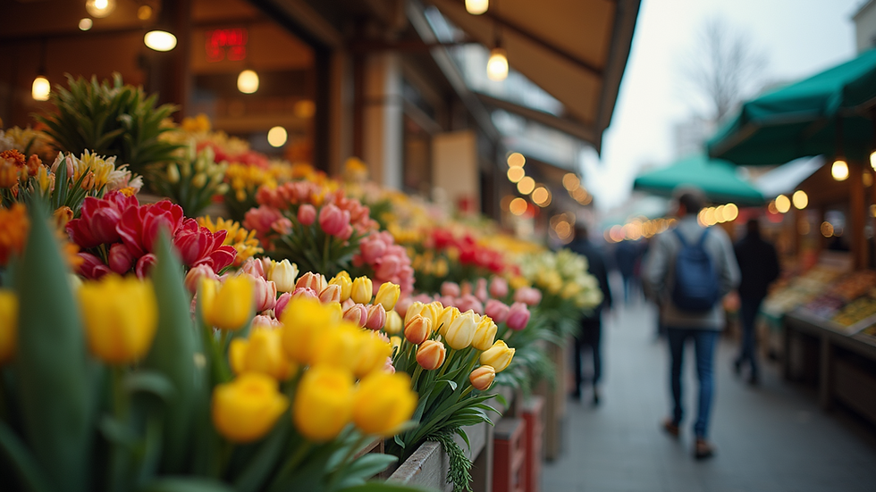 Eye-level view of a small flower stand at a local market