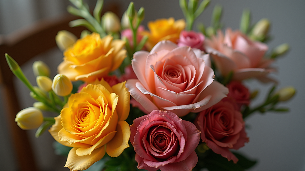 High angle view of a colorful bouquet of seasonal flowers