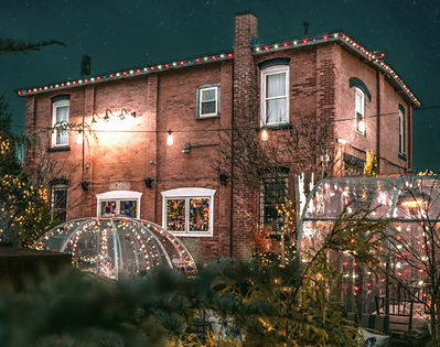 a picture of a 2-story red brick building at night. It is a picture of the Tipsy Toboggan and has trees and shrubs i te front and a clear plastic igloo with bistro lighting outlining it in the front.