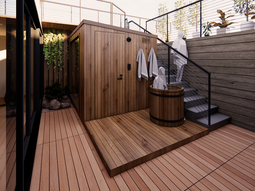 Freestanding outdoor sauna designed for Bay Area homes. Thoughtful architecture blending cedar, light, and landscape.