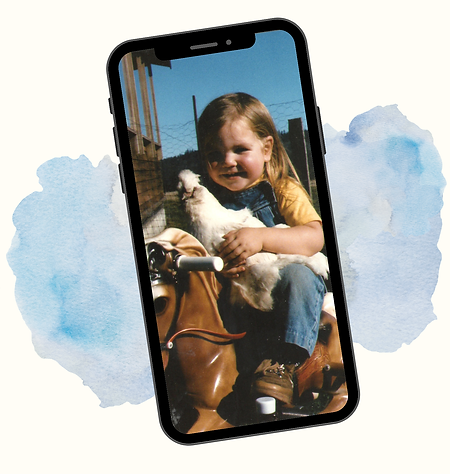 Mobile mockup image of Liana Meyer as a child on farm