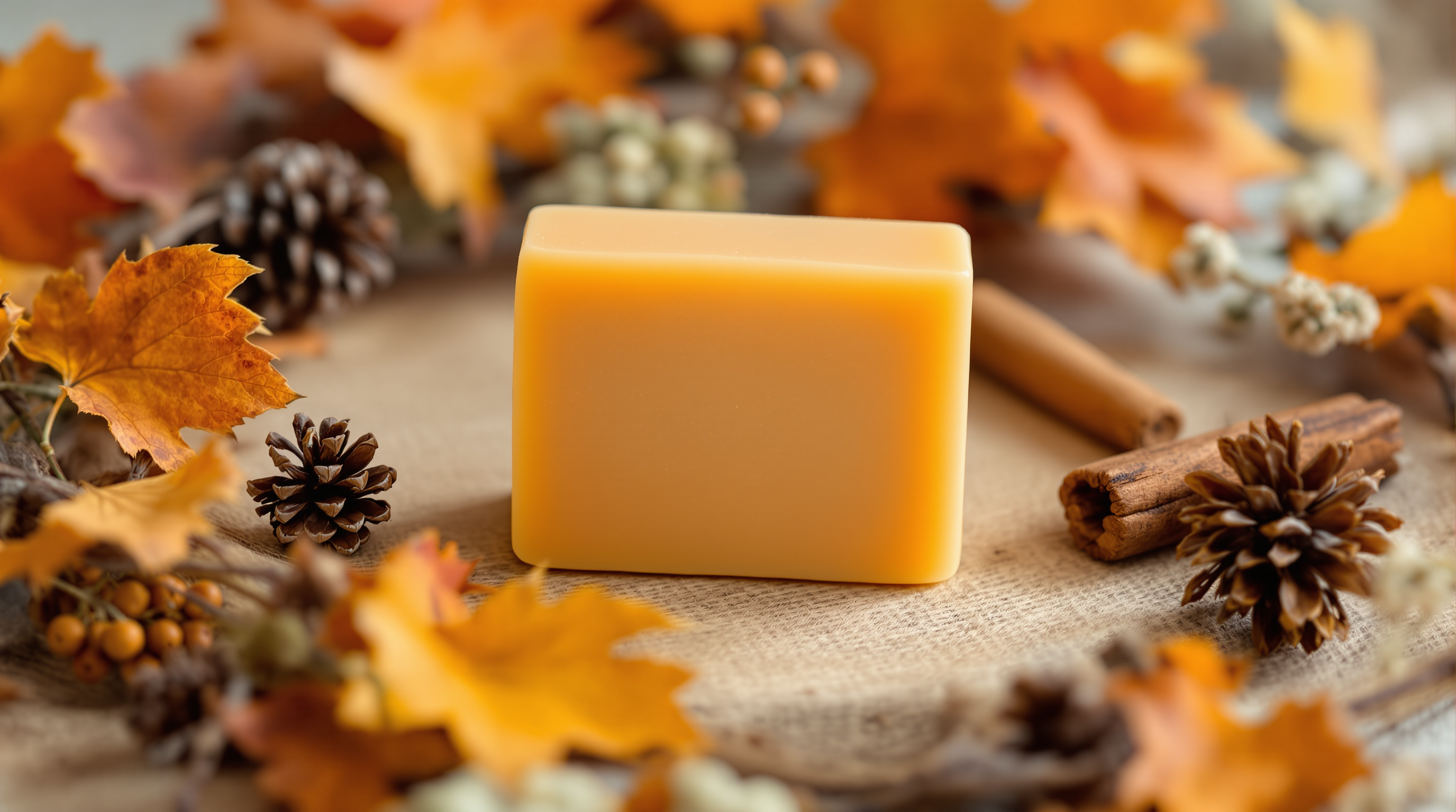 Orange goat milk soap with an autumn wreath background