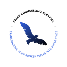 A dove flying surrounded by a circle of text saying PEACE Counselling Services. Turning your broken pieces into inner peace.