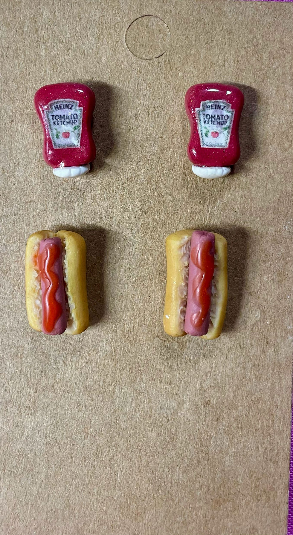 stud earrings of heinz ketchup bottles and  hotdogs with ketchup