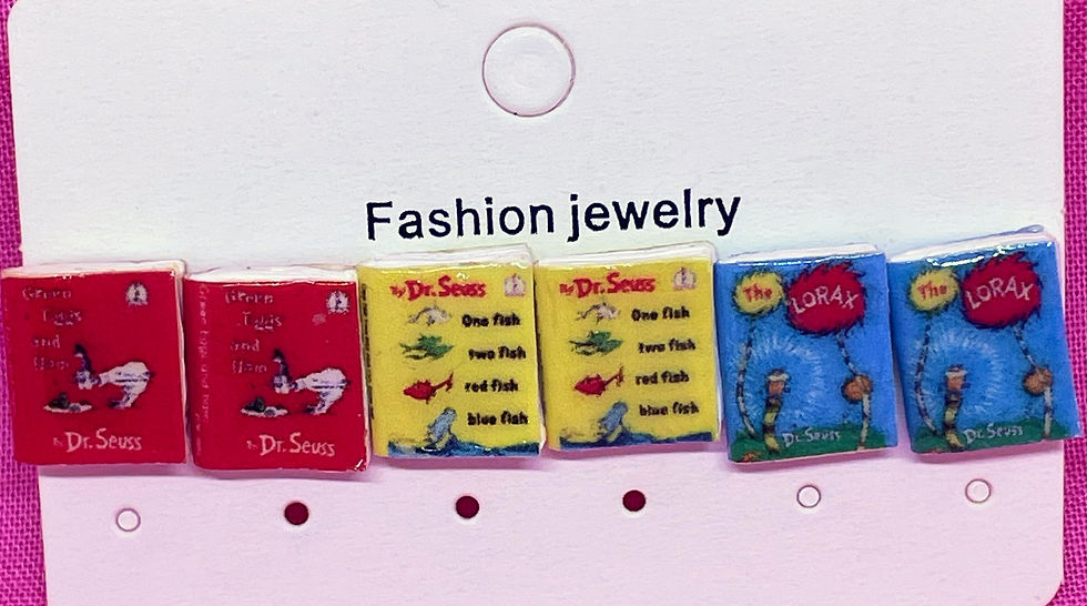 stud earrings of three books green eggs and ham, one fish two fish red fish blue fish and the lorax by dr. seuss