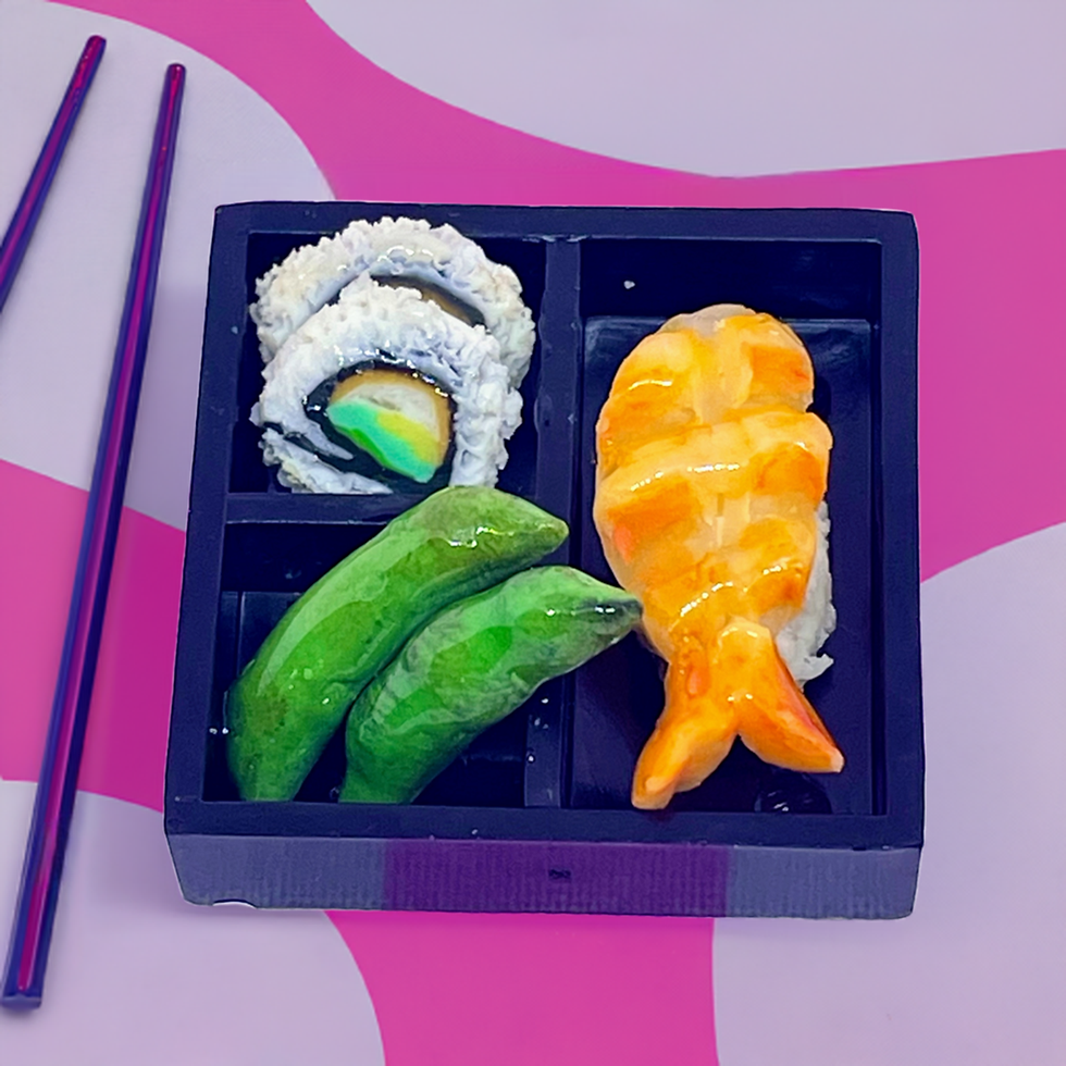 handmade realistic food fridge magnet of a bento box with edamame sushi and sashimi