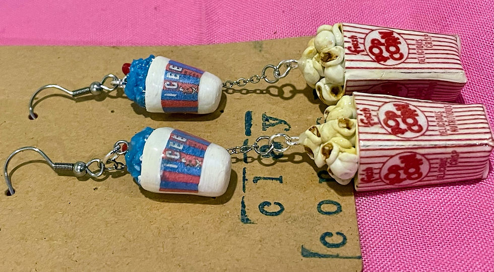 Thumbnail: dangle earrings of popcorn in a red and white striped popcorn box with a blueberry icee slushee