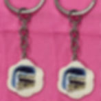 keychain of a blueberry cake slice and blueberries on a white flower shaped plate