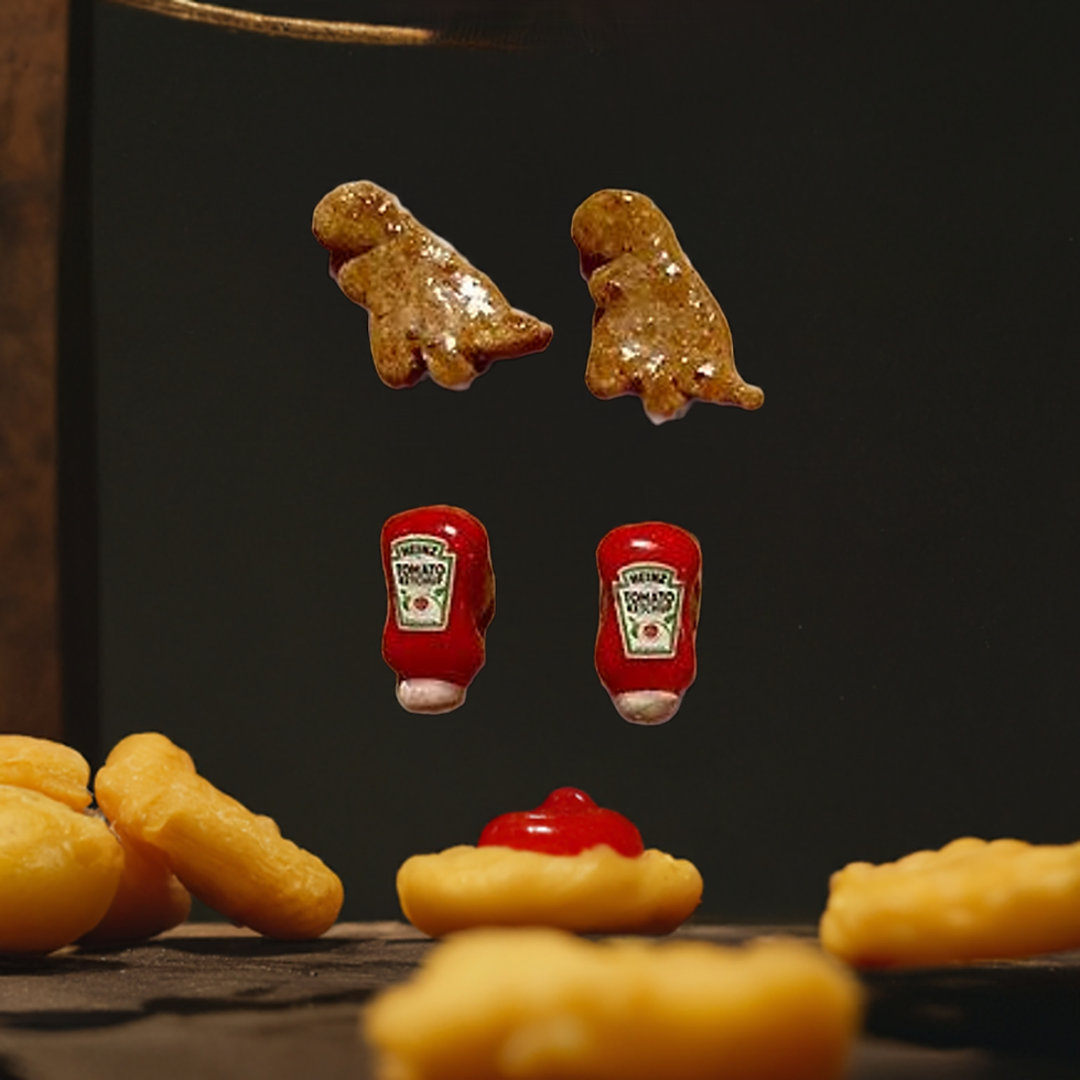 food stud earrings of dinosaur chicken nuggets and Heinz ketchup bottles
