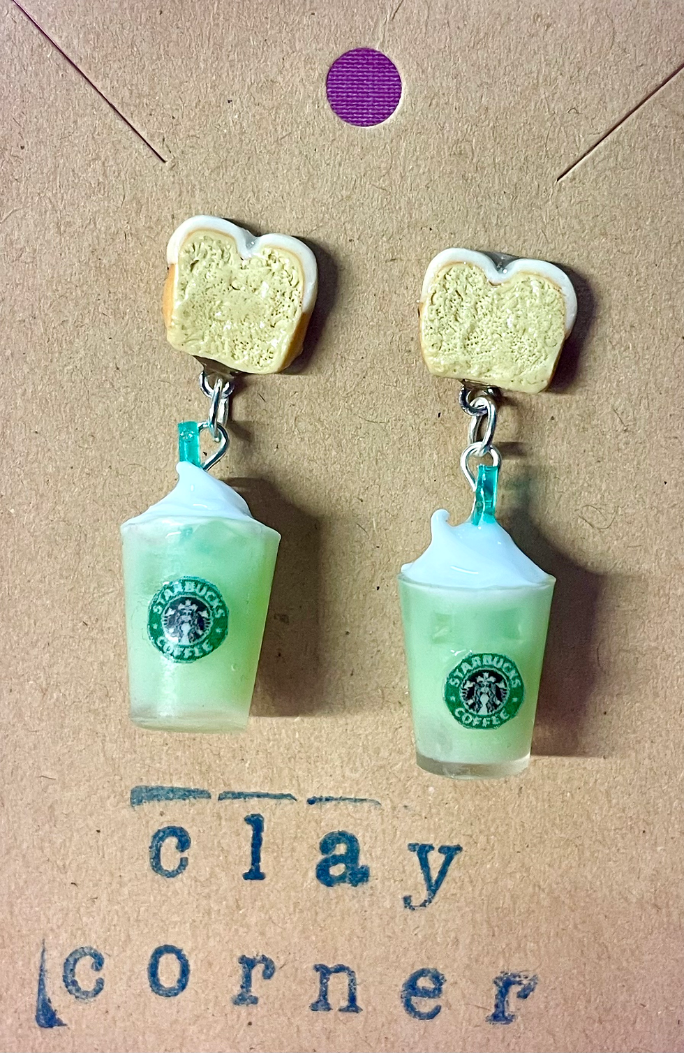 dangle earrings of starbucks matcha drink with whipped cream and ice and lemon loaf pastries