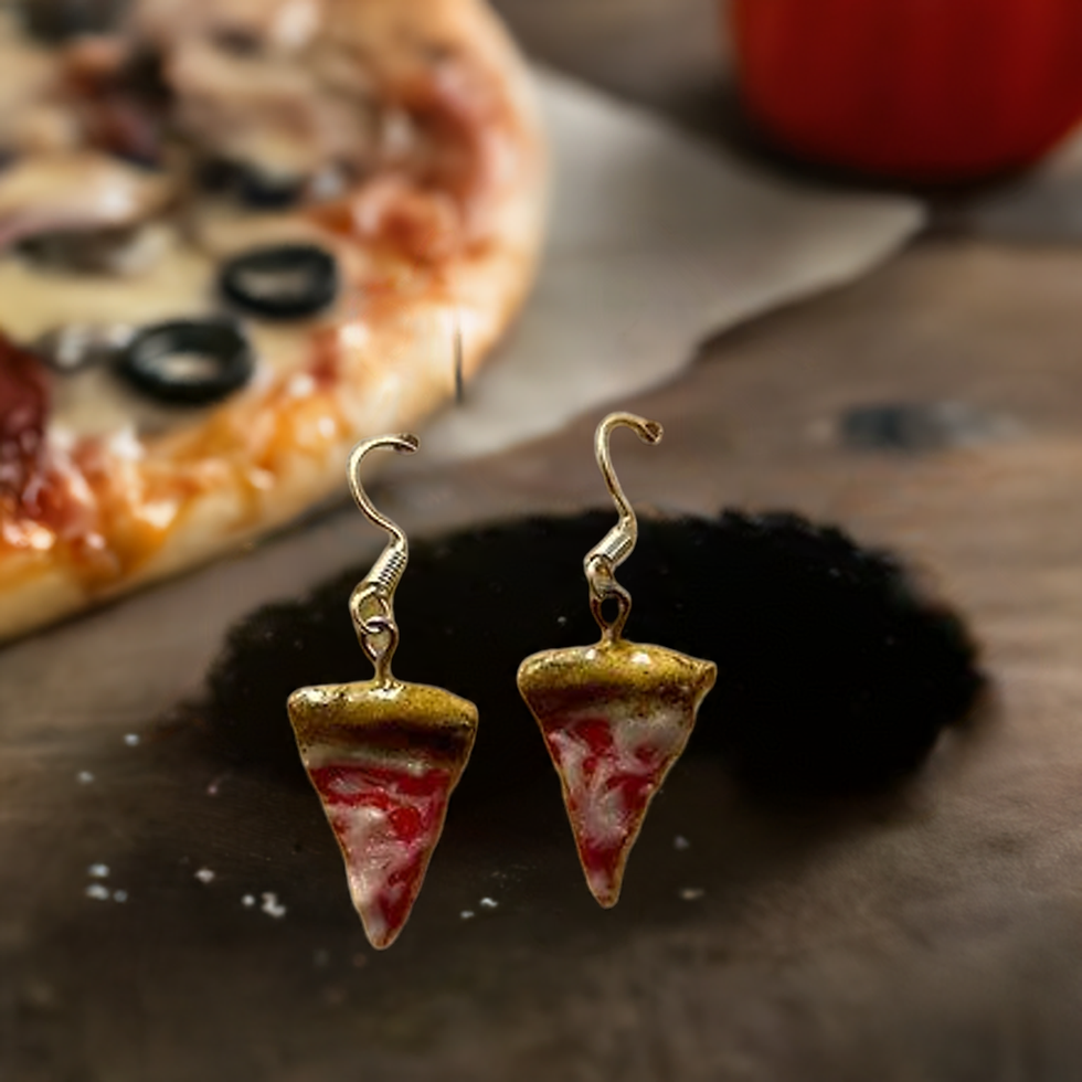 dangle earrings of pizza slices with cheese and tomato sauce