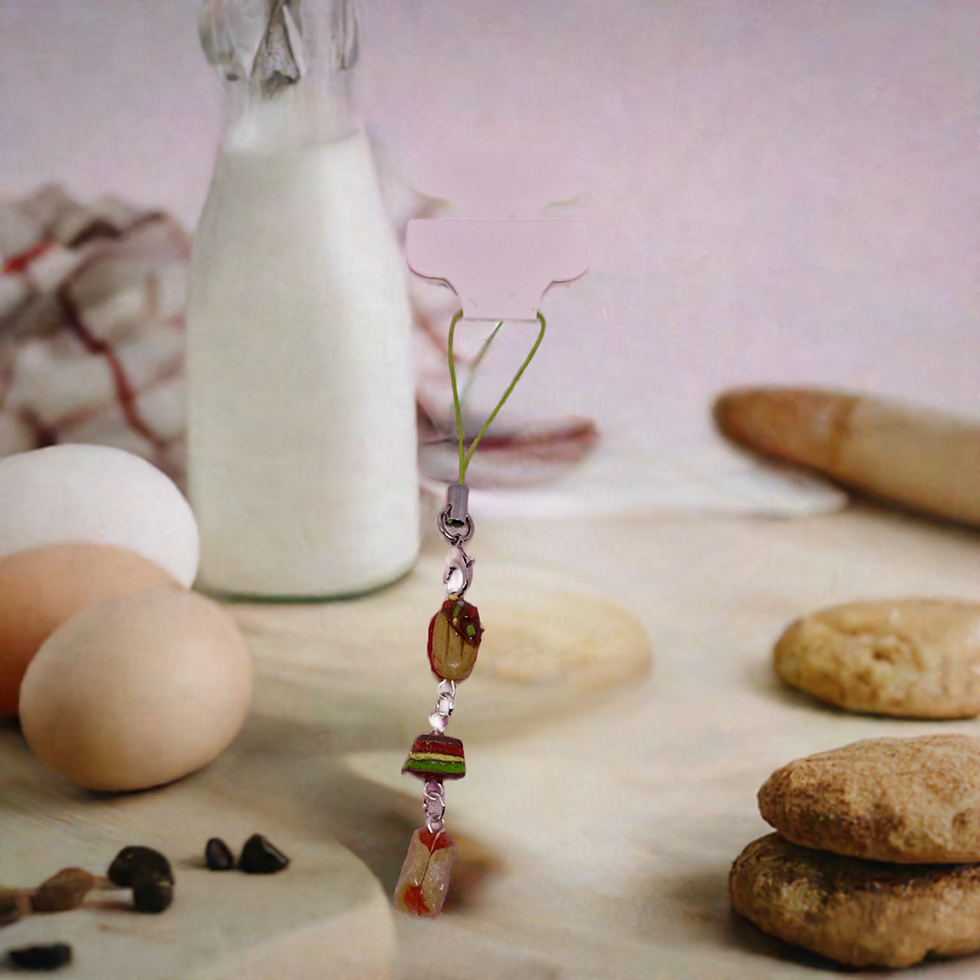 Thumbnail: food phone charm of Italian butter cookies with red jelly filling and chocolate filling and a rainbow cookie