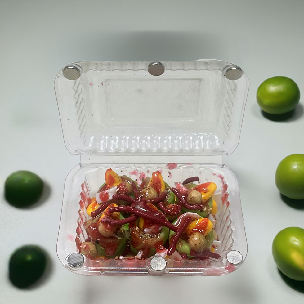 fridge magnet of pepino loco with cucumbers and peanuts and candy and mango slices and chamoy and tajin