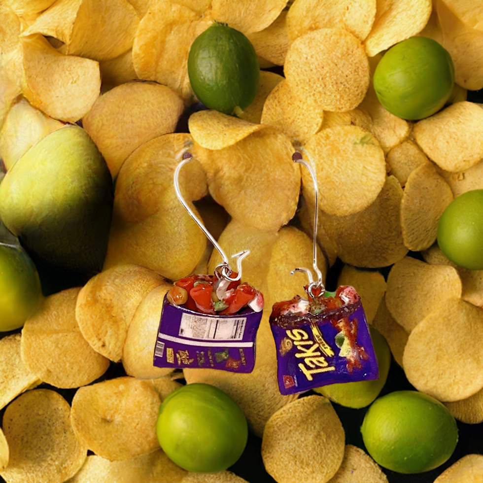 food dangle earrings of a Mexican treat takiloco with taki chips and chamoy and tajin