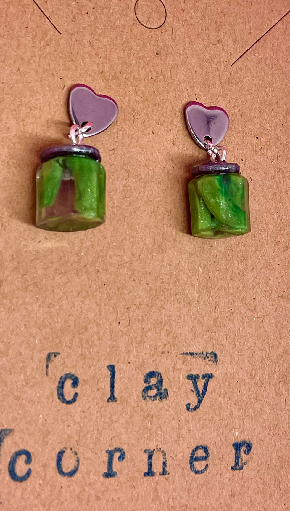 heart shaped pickle jar drop earrings