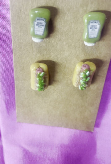 Thumbnail: stud earrings of heinz relish bottles and  hotdogs with relish