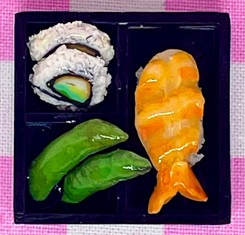handmade realistic food fridge magnet of a bento box with edamame sushi and sashimi