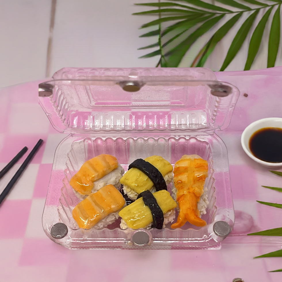 fridge magnet of sushi with salmon sashimi and an egg roll in a plastic takeout container that opens and closes with magnets
