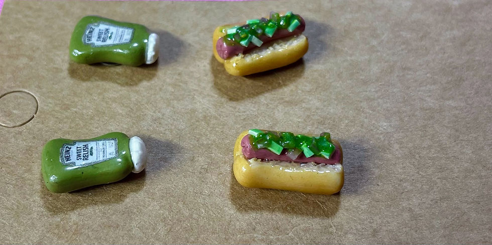 Thumbnail: stud earrings of heinz relish bottles and  hotdogs with relish