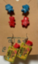 dangle earrings of sour patch kids candy box with a candy and a red sour patch kid candy and a blue sour patch kids studs