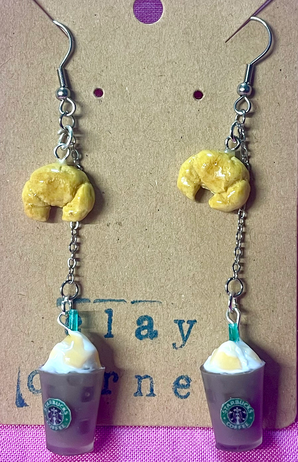 dangle earrings of starbucks iced caramel latte with whipped cream and ice and croissant pastries