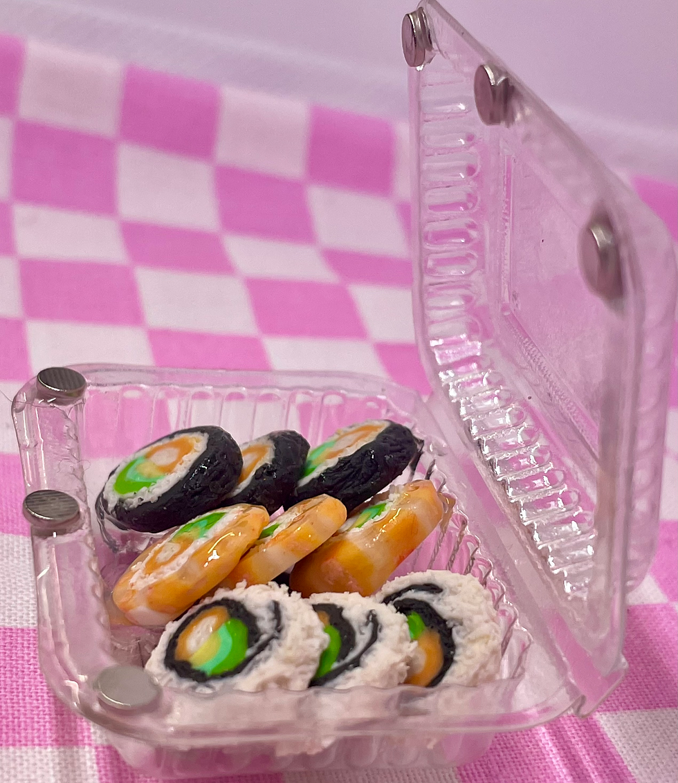 Thumbnail: fridge magnet of rolled sushi with salmon and sashimi in a plastic takeout container that opens and closes with magnets