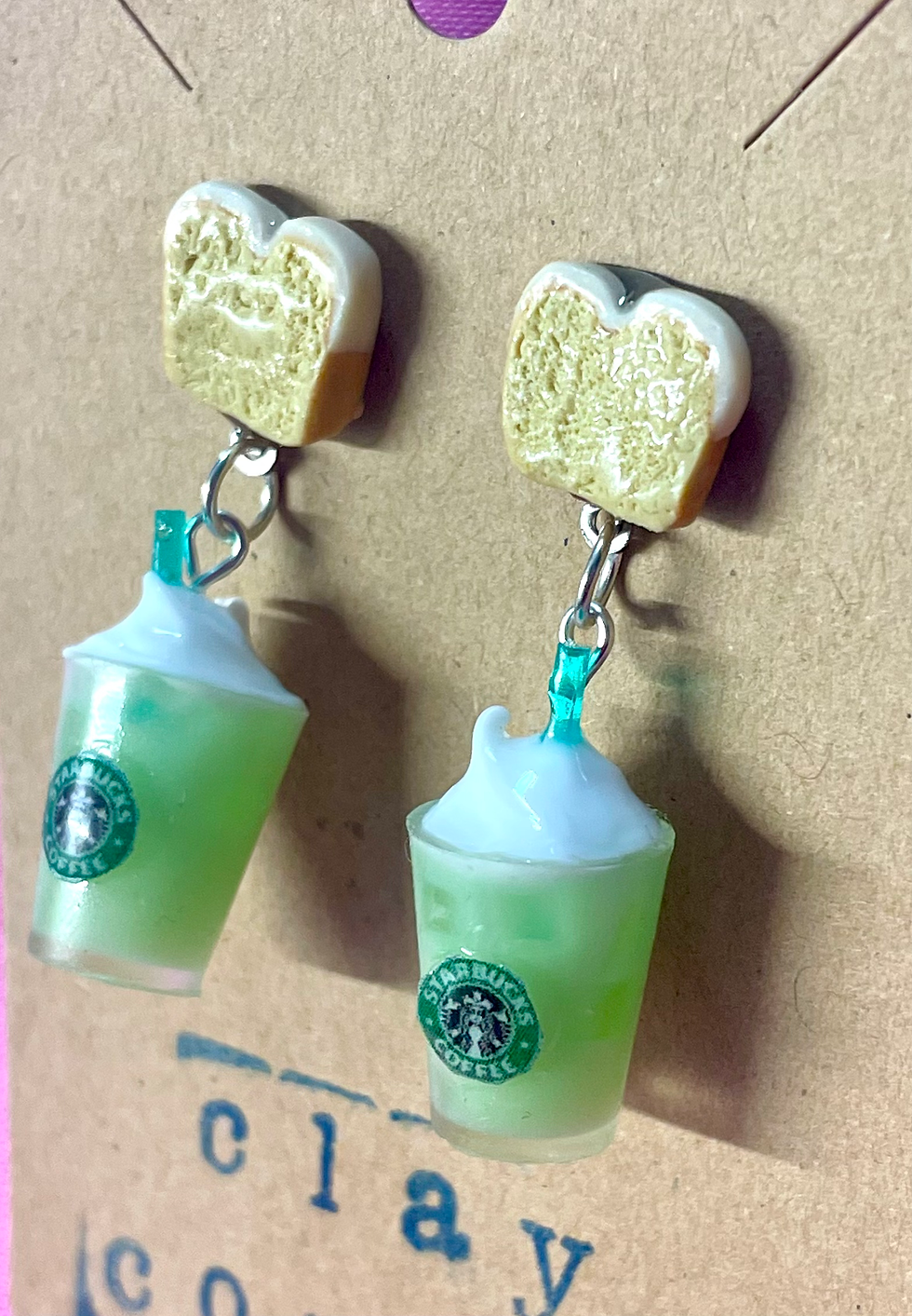 dangle earrings of starbucks matcha drink with whipped cream and ice and lemon loaf pastries