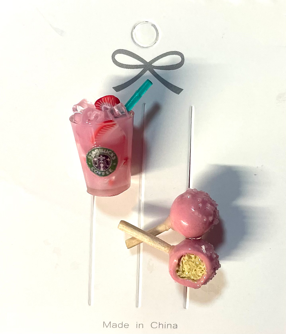 pins of starbucks pink drink with strawberries and ice and pink cake pops, one with a bite mark