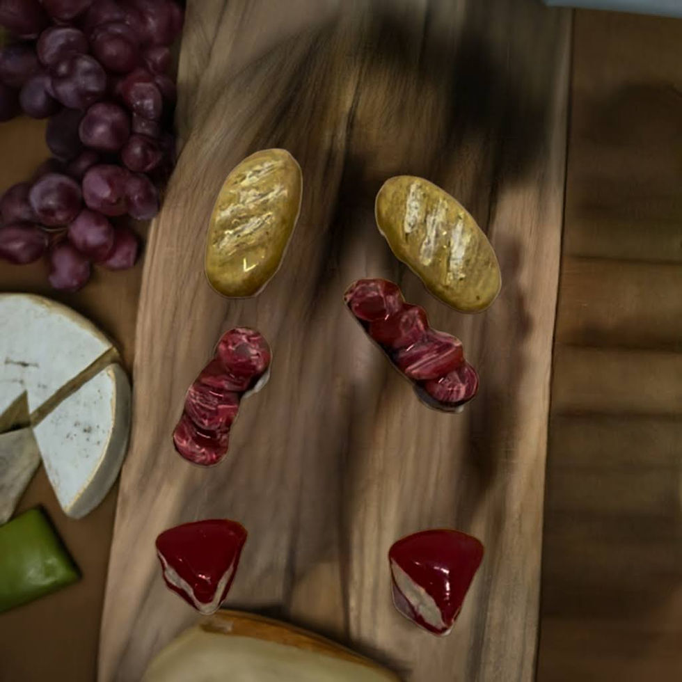 stud earrings of italian bread and salami slices and slices of babybel red and yellow cheese they are 3 pairs of stud earring
