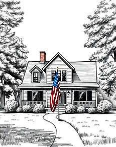 house with american flag on pole in the yard