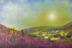 Ragwort by Charley Hellier, oil on wood panel painting, sunset, sunrise on the North York Moors. Heather blooms, the sky is warm and hazy. A patchwork of fields spreads below. Palette knife and brushes. Yellow ragwort plant has popped up amongst the purple heather. There is a lone tree in a field. Distant hills of the moorland can be seen. There are rich colours - yellow, purple, blue, green...