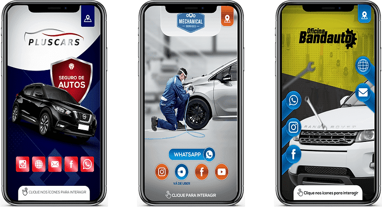Cartão-Digital-Interativo, seguro, com um carro preto e um escudo vermelho, cor azul, vermelho e branco, mecânica, com um homem de azul e um carro, cor azul, laranja e prata, oficina, com carro branco, cor preto e amarelo