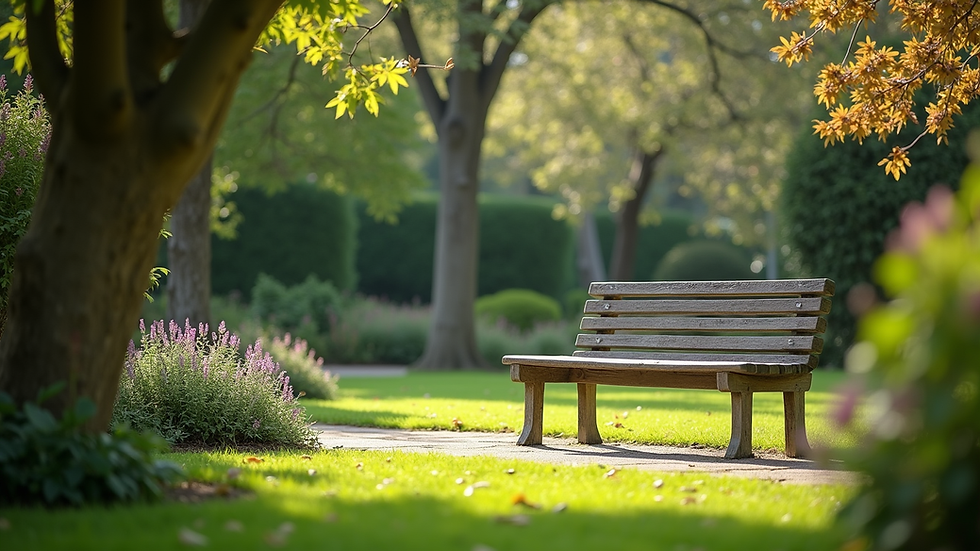 Eye-level view of a peaceful garden with a bench