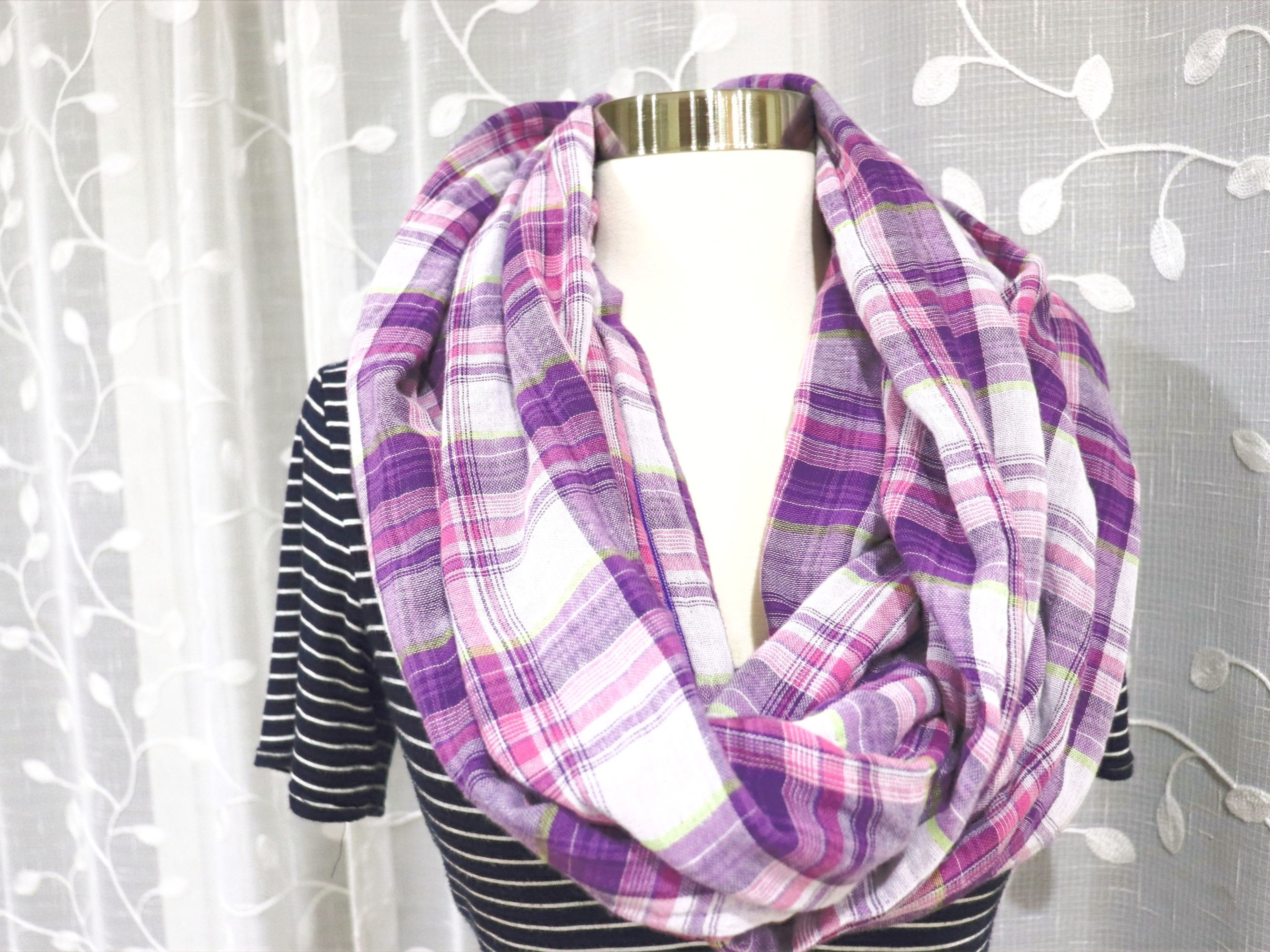 Purple and Pink Plaid Cotton Linen Infinity Hidden Pocket Scarf