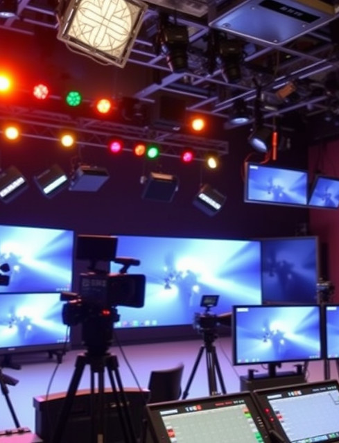 tv production studio with lights and cameras, seen from the glass of a AV console room wi