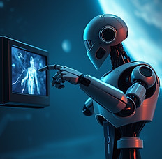 humanoid robot in a futuristic background in space pointing to a tv screen, with lights an