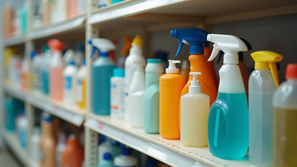 High angle view of organized cleaning supplies on a shelf