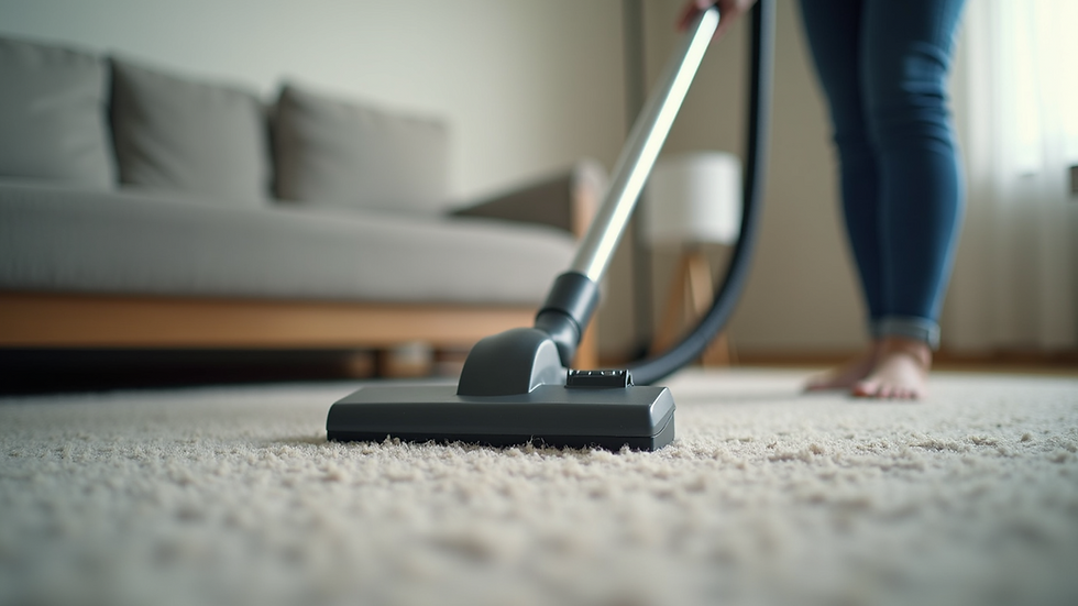 Close-up view of a person vacuuming a carpet in a living room
