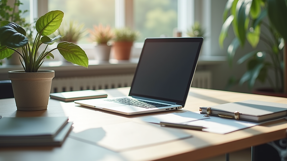 High angle view of a clean and organized office desk with a laptop and plant
