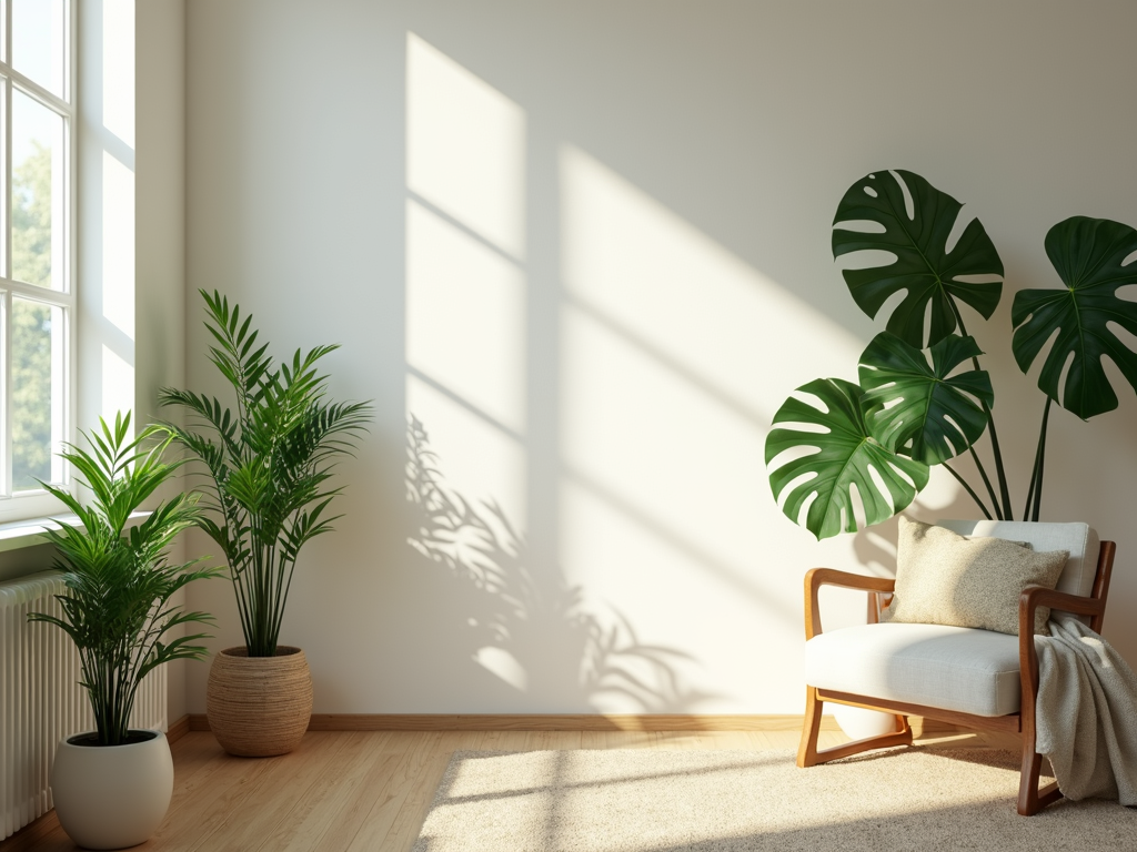 A sunlit living room with pristine surfaces and vibrant green plants representing eco-friendly cleaning.