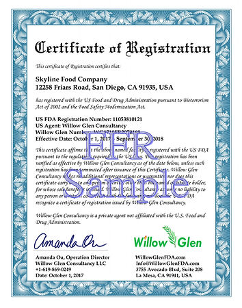 FDA FFCertificate of registration 注册证书 註冊證書
