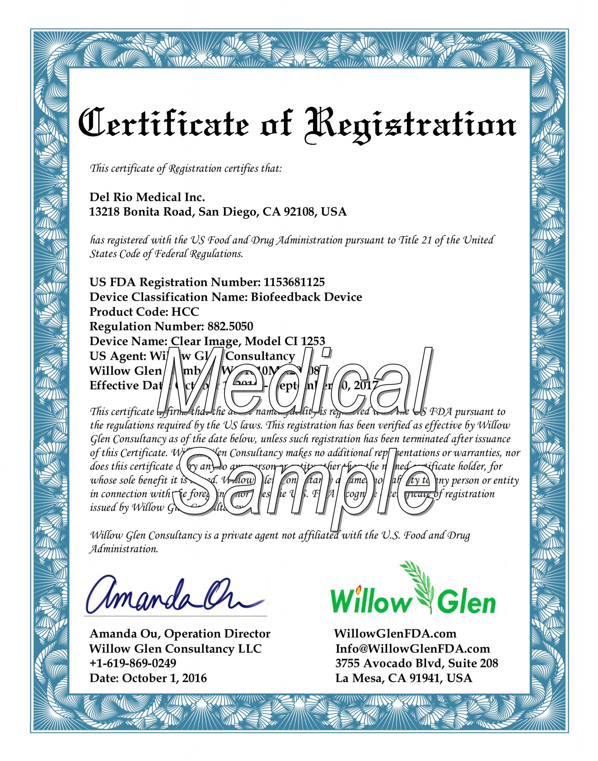 Medical Device Establishment Registration and US Agent / Correspondent Service