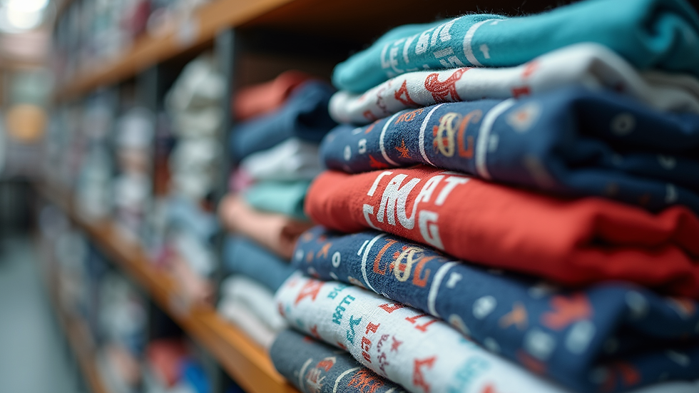Close-up view of printed t-shirts stacked neatly