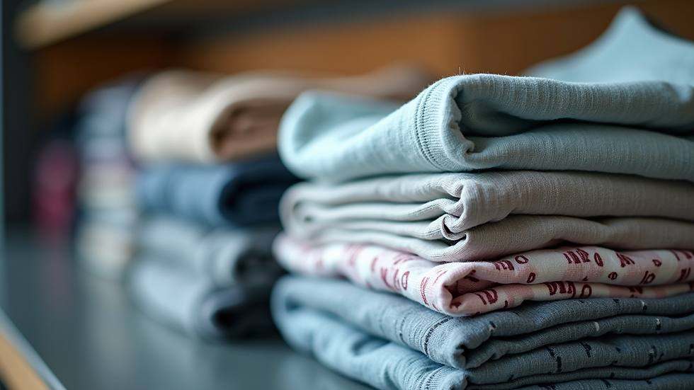 Close-up view of printed t-shirts stacked neatly