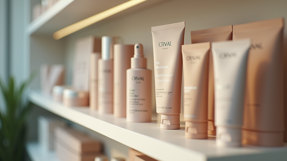 Close-up view of a shelf displaying certified beauty products