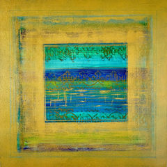mixed media artwork, painting, fine art, abstract art, textile inspired, pattern art, textile block printing, green and blue, gold, acrylic, gouache