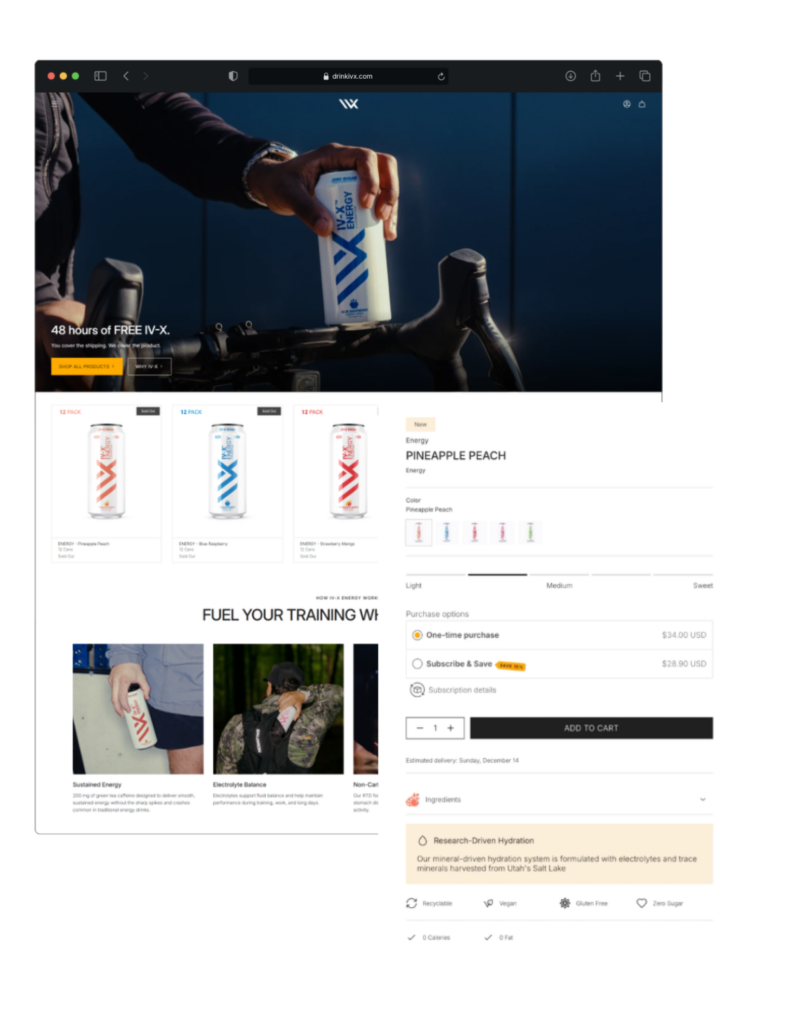 December 2025 DRINK IVX storefront with the Fuel with Purpose campaign and product shopping entry point