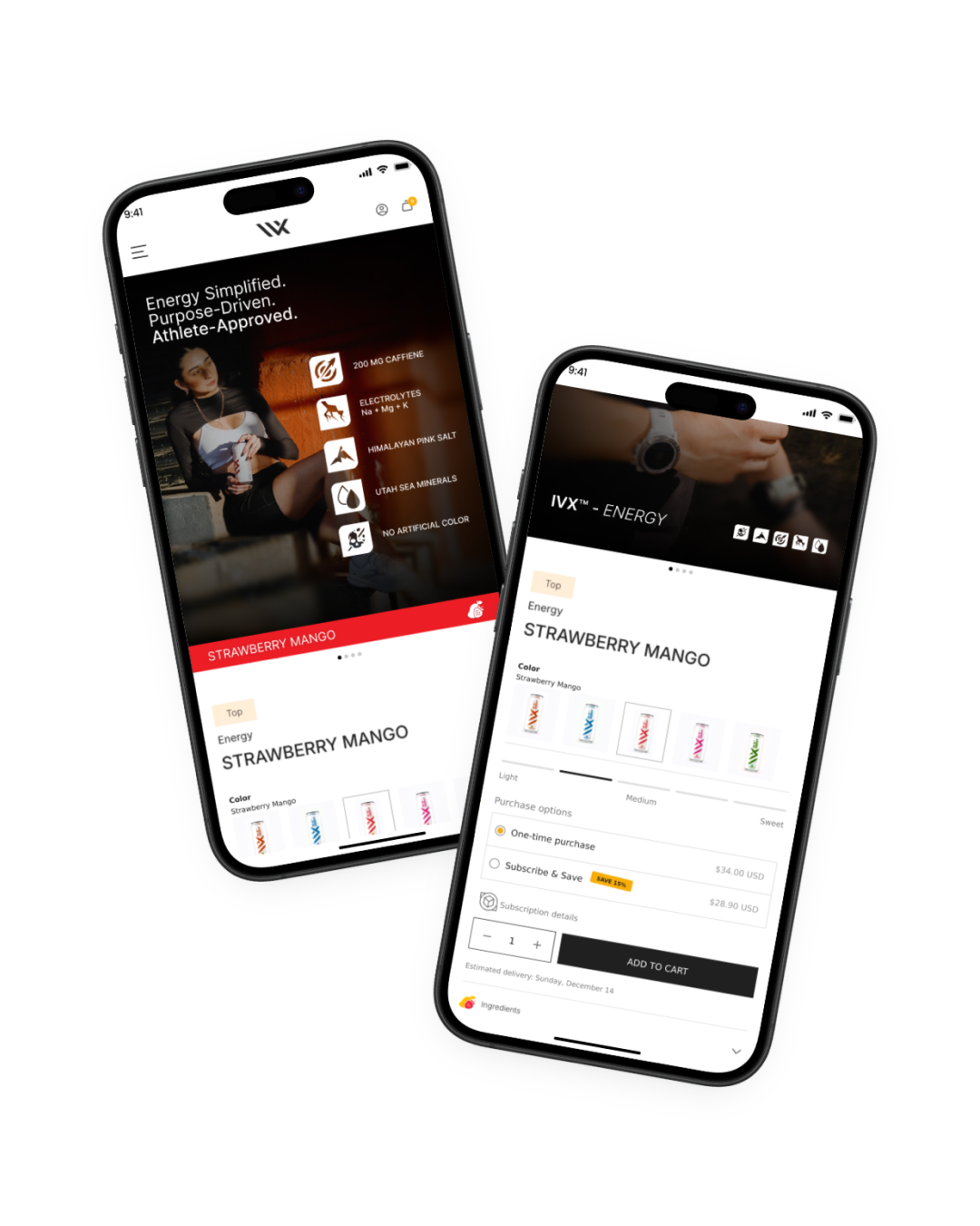 DRINK IV-X product-page design featuring a runner holding an energy drink can.
