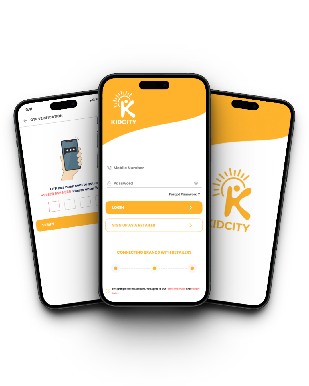 KIDCITY homepage screens showing a credit offer, retailer benefits, campaigns and brands.