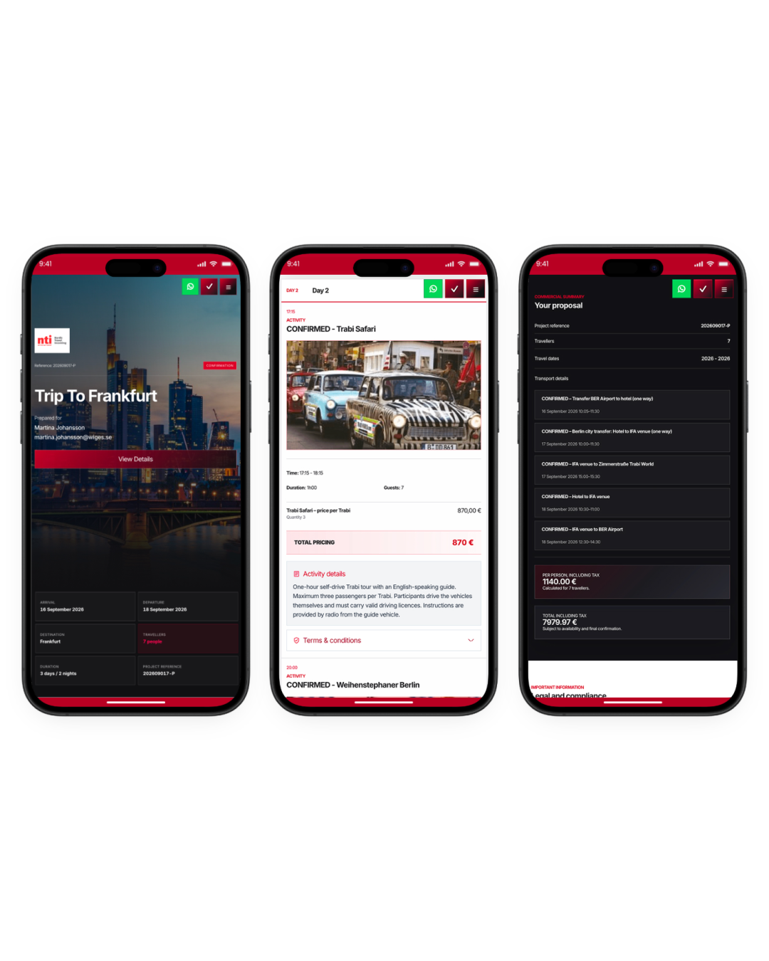 Three mobile views of the NTI proposal showing the trip overview, activity details and commercial summary.
